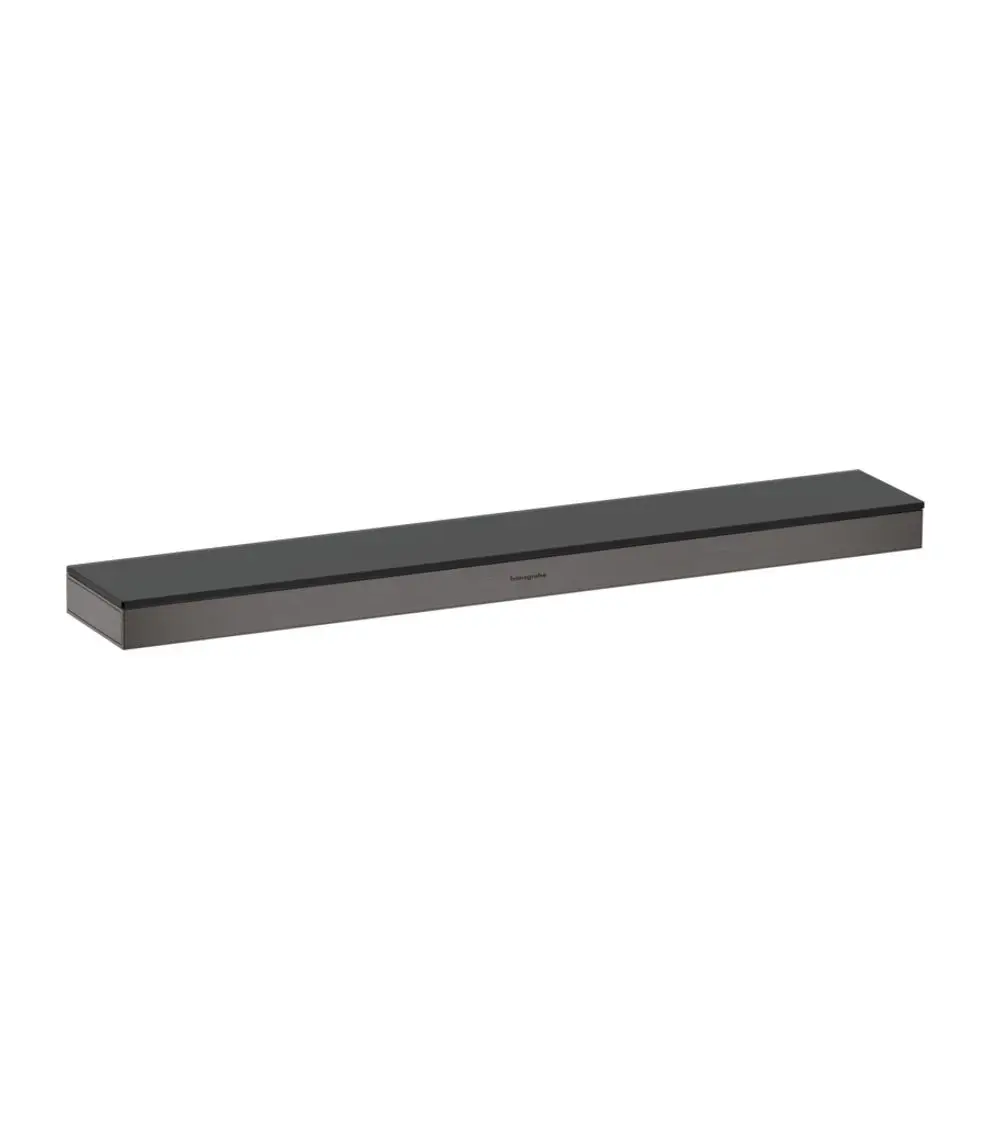 Ablage mit flacher, rechteckiger Form in Brushed Black Chrome. Die Oberfläche ist glatt und schlicht, typisch für Produkte der Marke Hansgrohe.